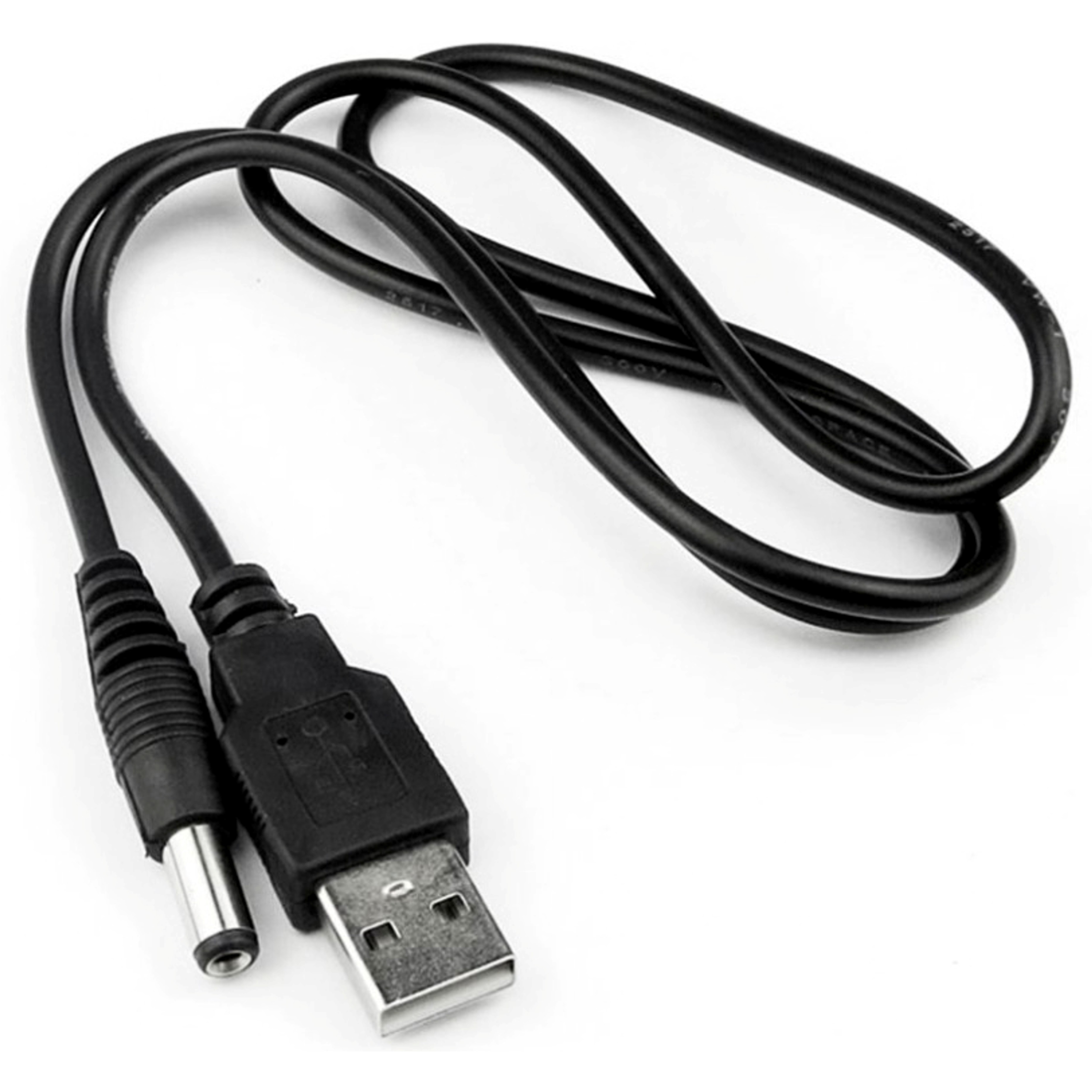 DIYables USB A to 5.5x2.1mm DC barrel plug power cable coiled with both connectors visible